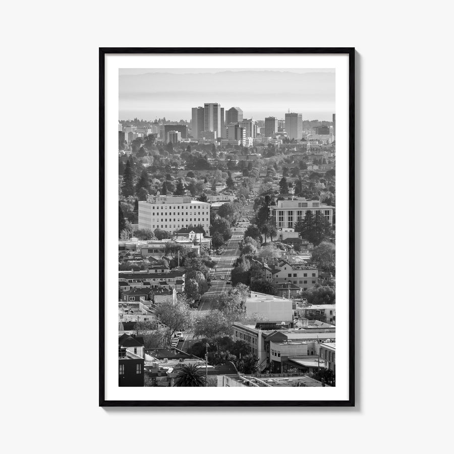 Oakland black & white photo poster of California, USA – vertical wall art, unframed print shown in interior mockup