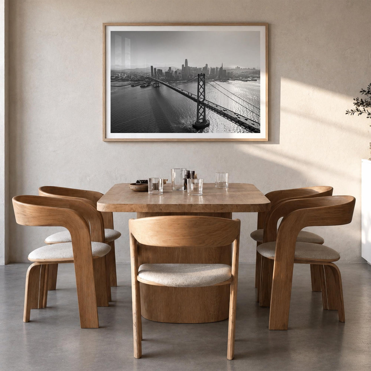 Oakland black & white photo poster of California, USA – horizontal wall art in natural wood frame with white border, hanging 