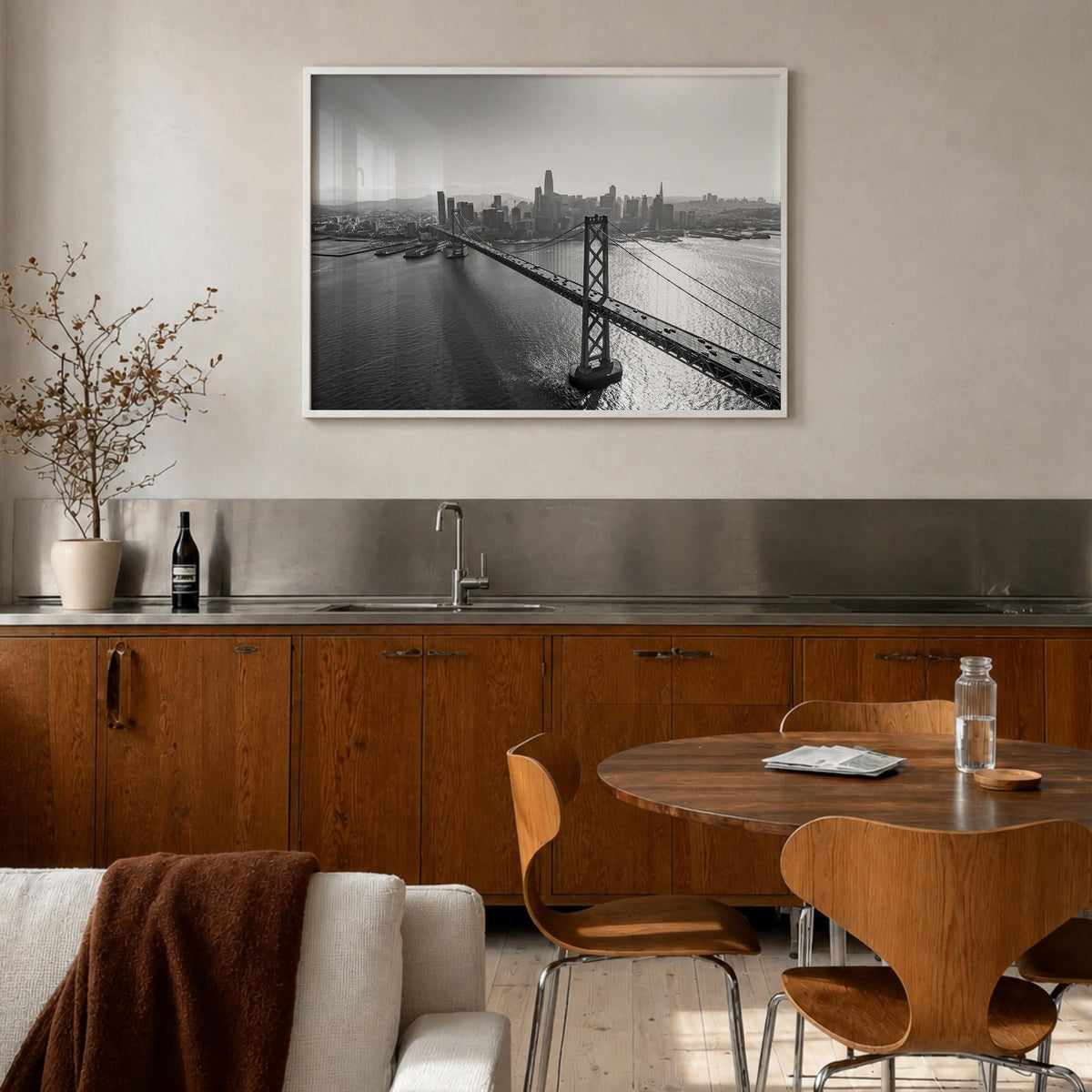 Oakland black & white photo poster of California, USA – horizontal wall art in white wood frame, hanging on wall