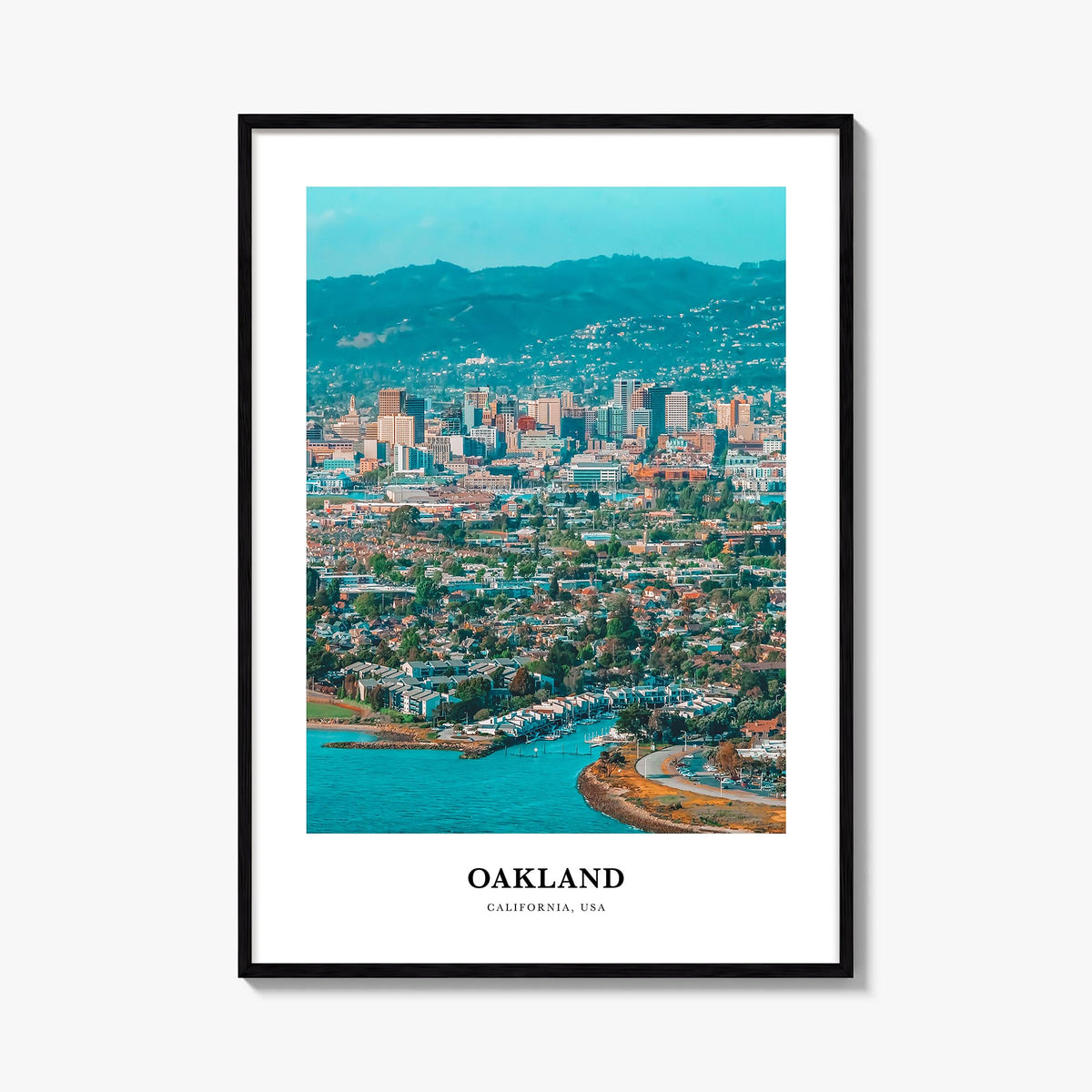 Oakland colorful classic poster of California, USA – vertical wall art, unframed print shown in interior mockup