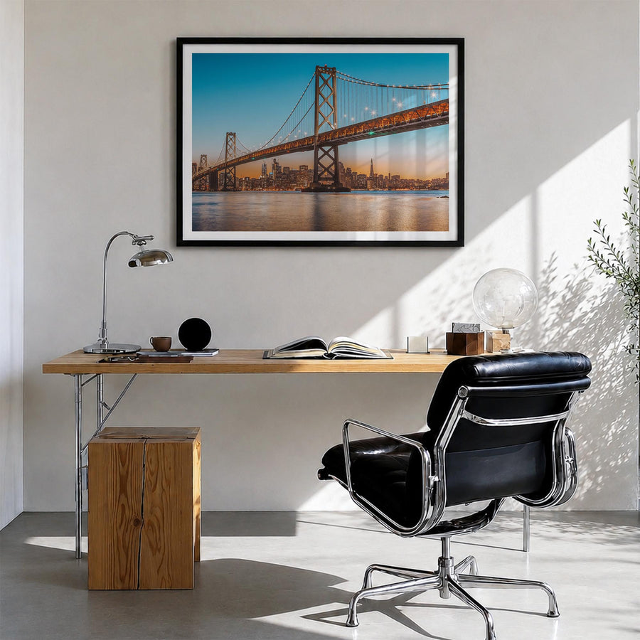 Oakland colorful photo poster of California, USA – horizontal wall art in black wood frame with white border, hanging on wall