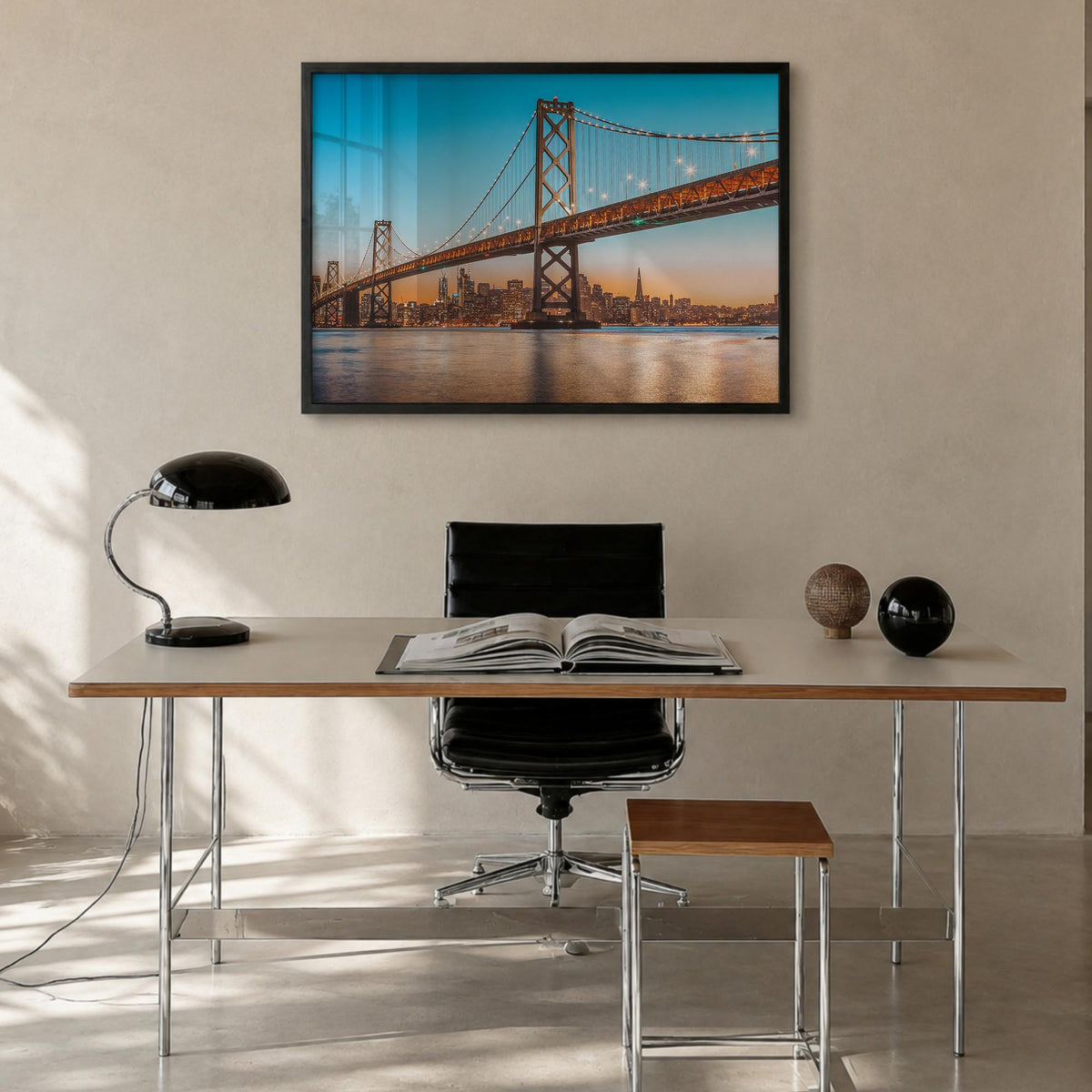 Oakland colorful photo poster of California, USA – horizontal wall art in black wood frame, hanging on wall