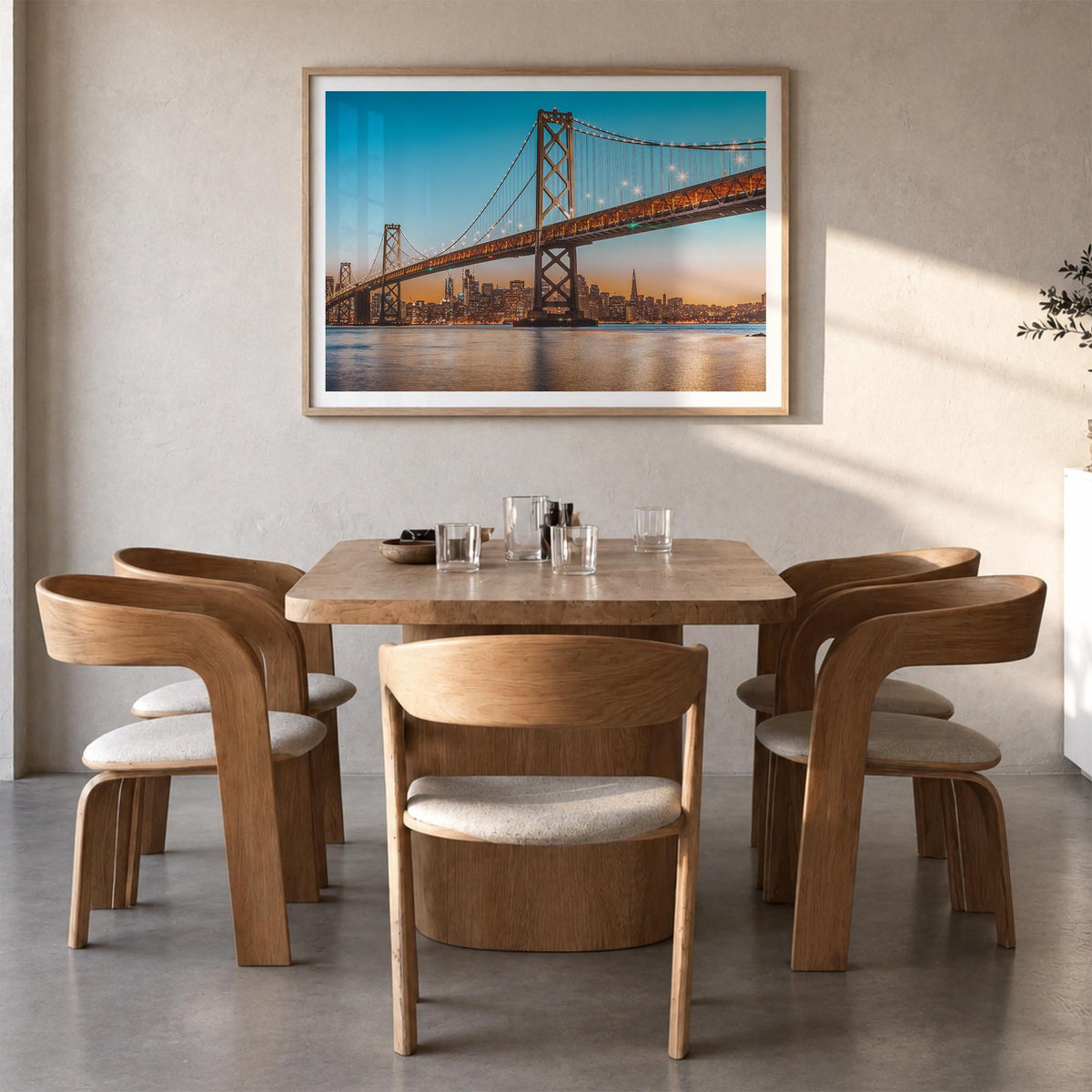 Oakland colorful photo poster of California, USA – horizontal wall art in natural wood frame with white border, hanging on wa