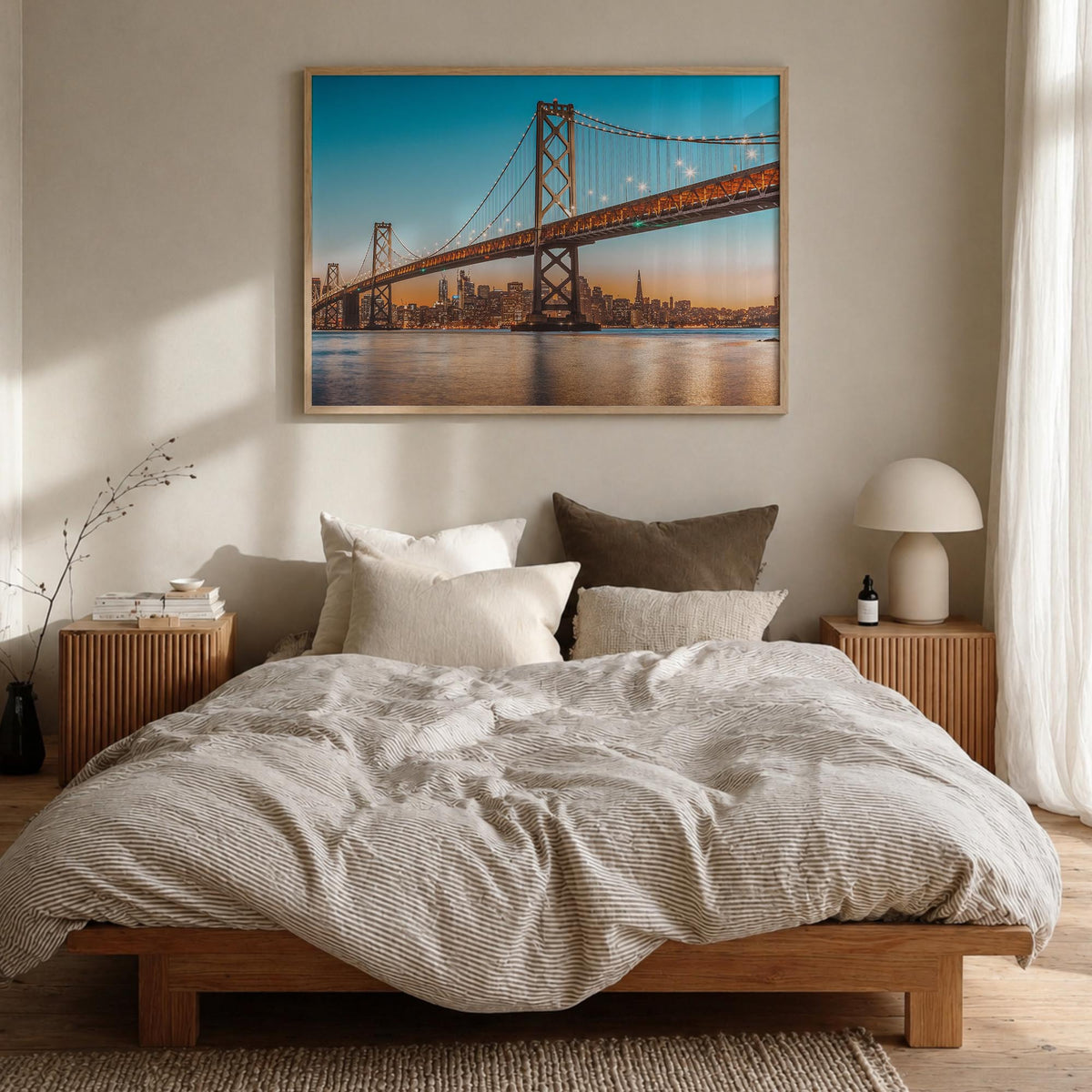 Oakland colorful photo poster of California, USA – horizontal wall art in natural wood frame, hanging on wall