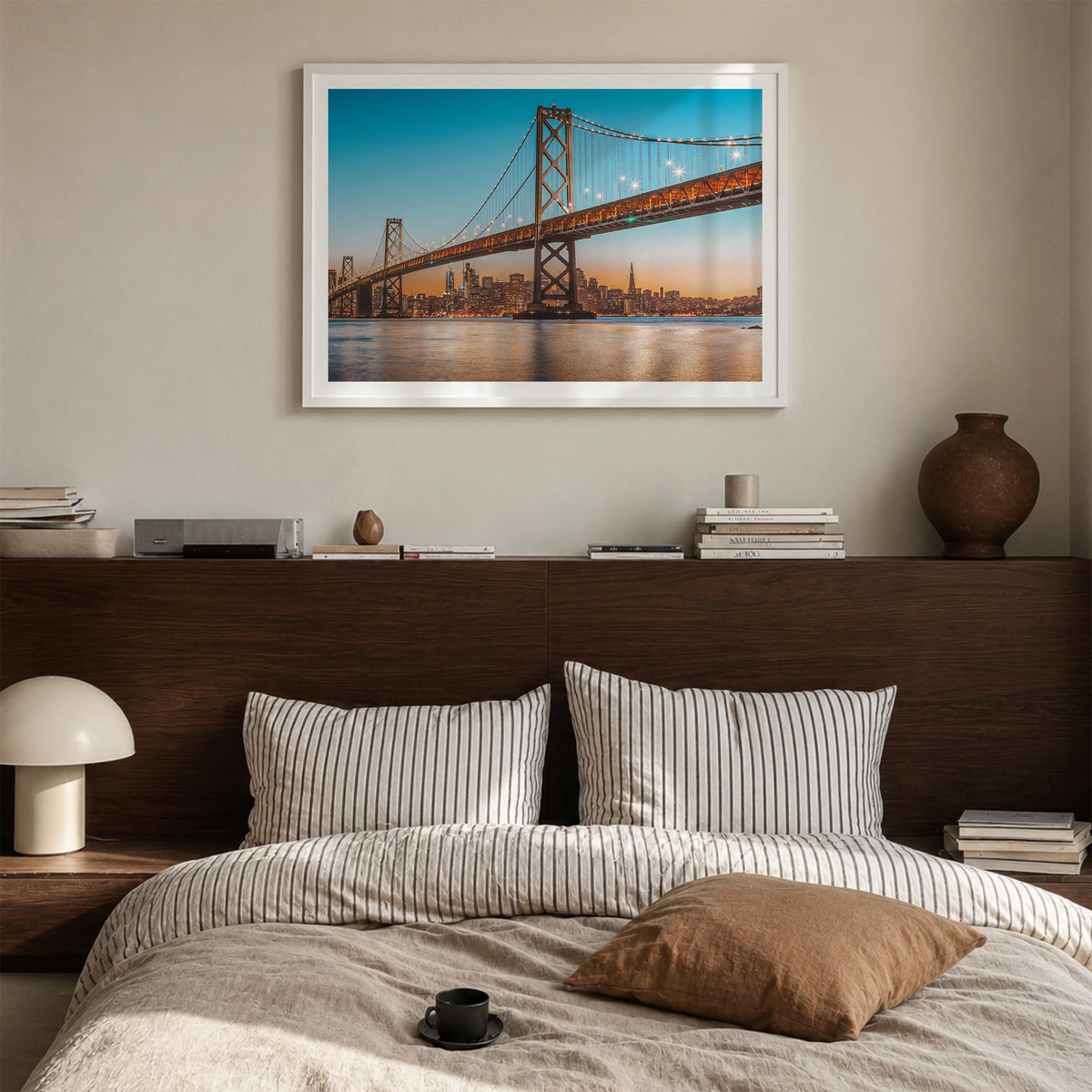 Oakland colorful photo poster of California, USA – horizontal wall art in white wood frame with white border, hanging on wall
