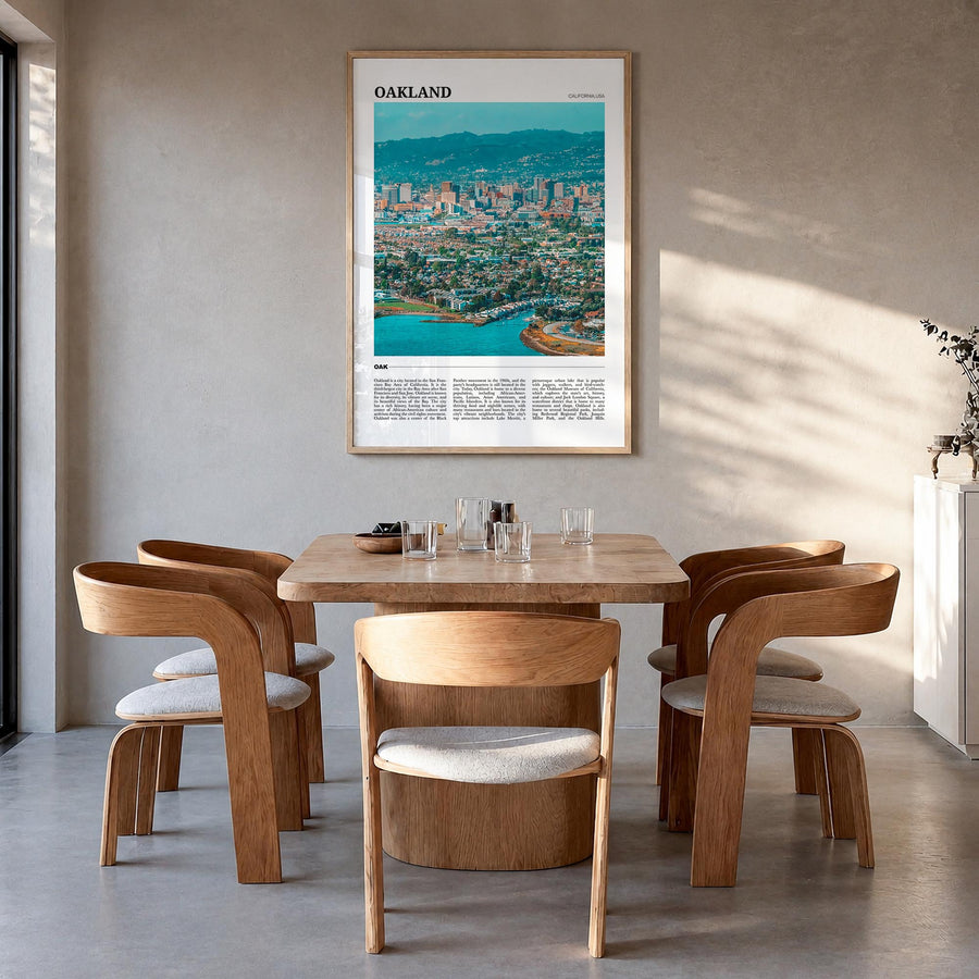 Oakland colorful travel poster of California, USA – vertical wall art in natural wood frame, hanging on wall