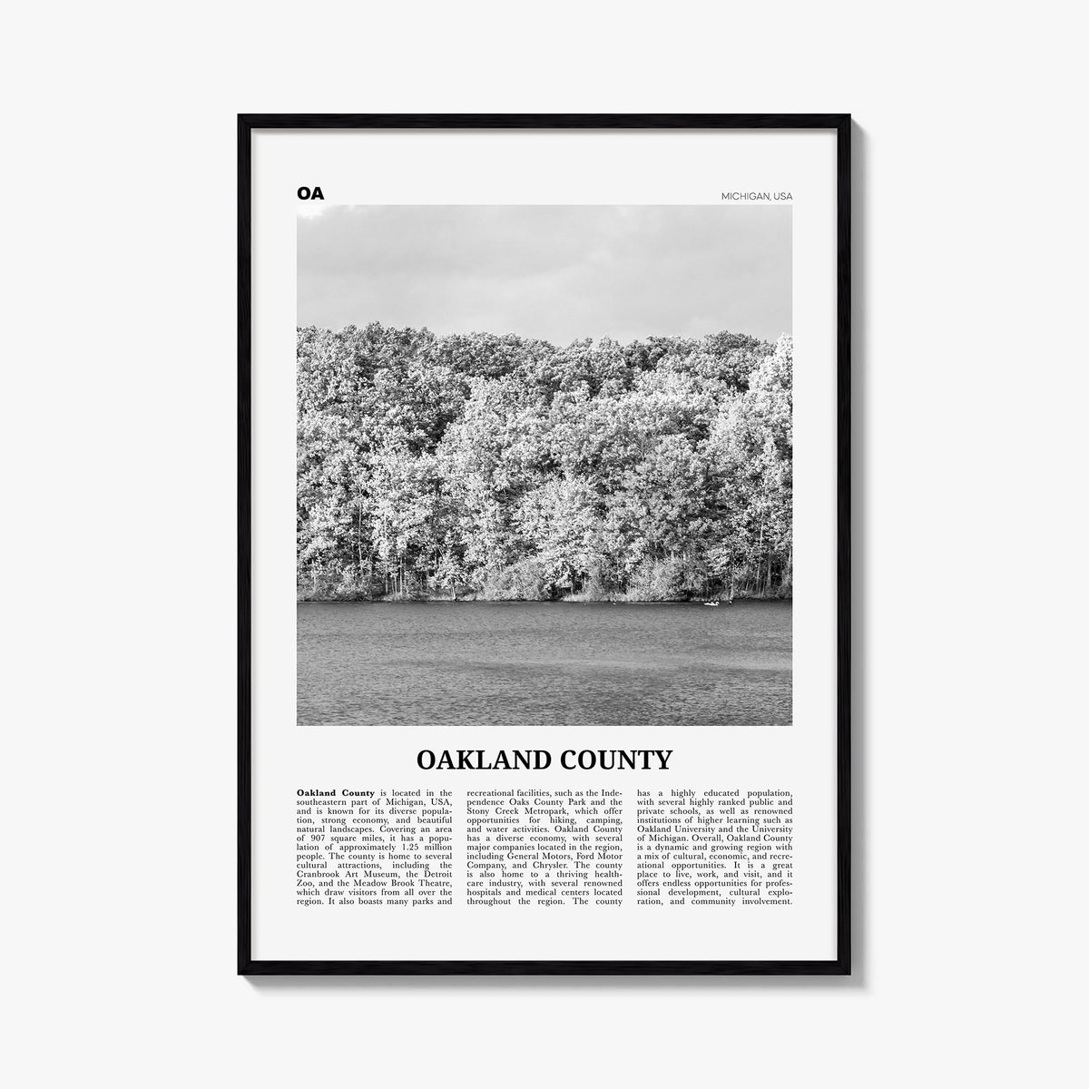 Oakland County black & white newspaper poster of Michigan, USA – vertical wall art, unframed print shown in interior mockup