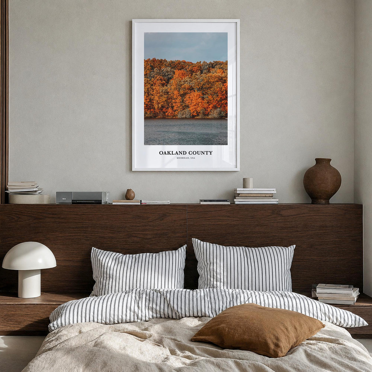 Oakland County colorful classic poster of Michigan, USA – vertical wall art in white wood frame, hanging on wall