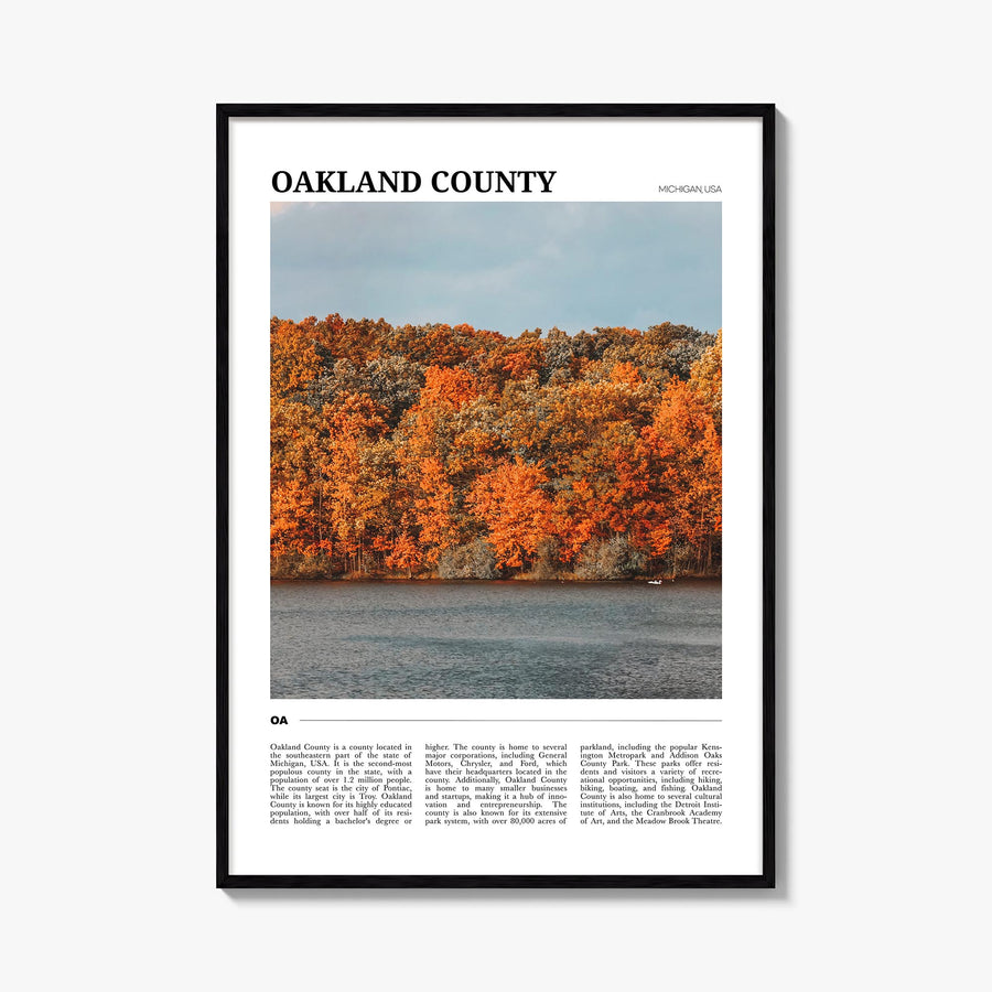 Oakland County colorful travel poster of Michigan, USA – vertical wall art, unframed print shown in interior mockup