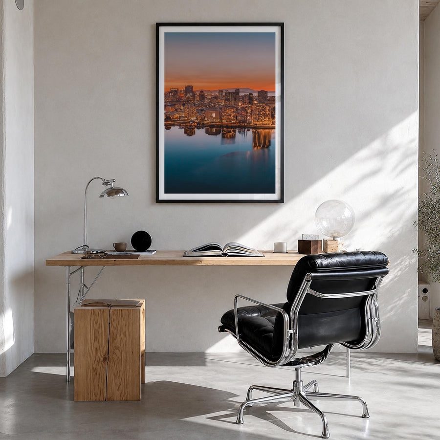 Oakland no. 1 colorful photo poster of California, USA – vertical wall art in black wood frame with white border, hanging on 