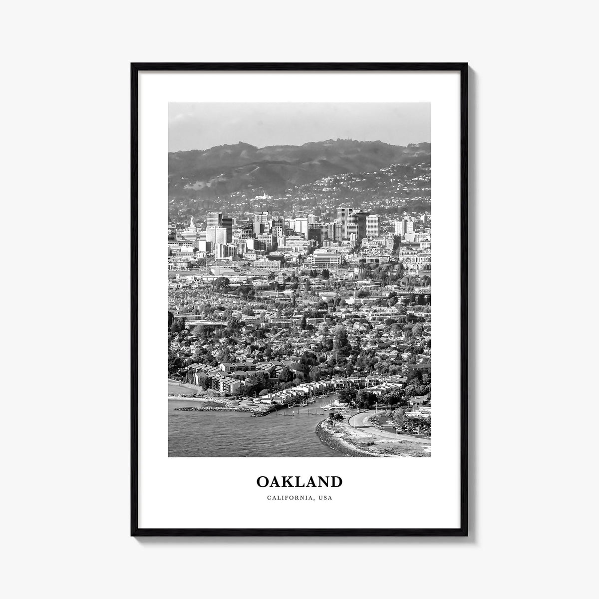 Oakland no. 2 black & white classic poster of California, USA – vertical wall art, unframed print shown in interior mockup