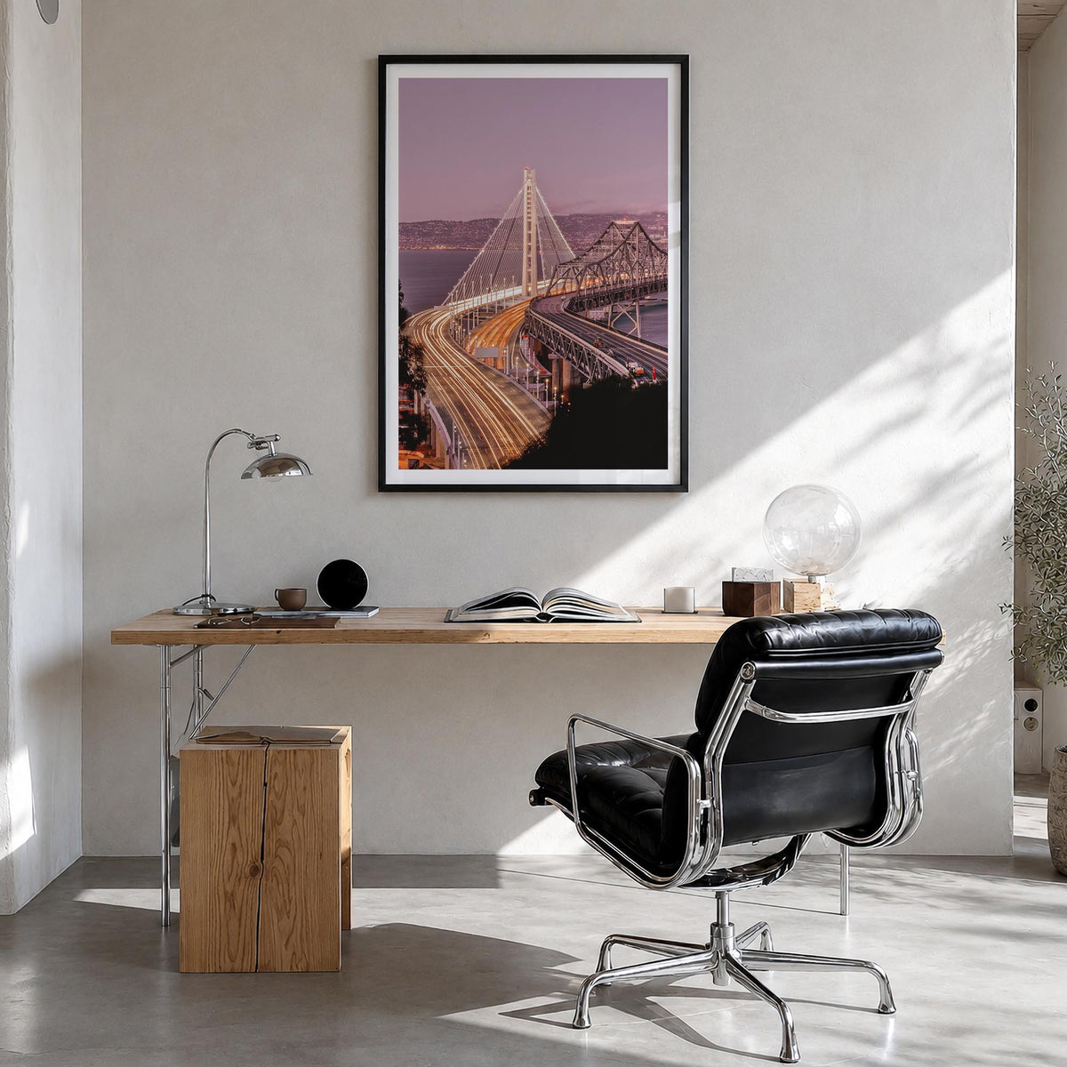 Oakland no. 2 colorful photo poster of California, USA – vertical wall art in black wood frame with white border, hanging on 