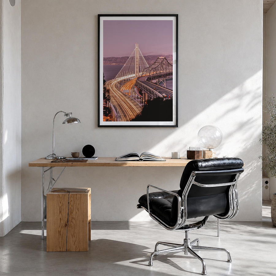 Oakland no. 2 colorful photo poster of California, USA – vertical wall art in black wood frame with white border, hanging on 