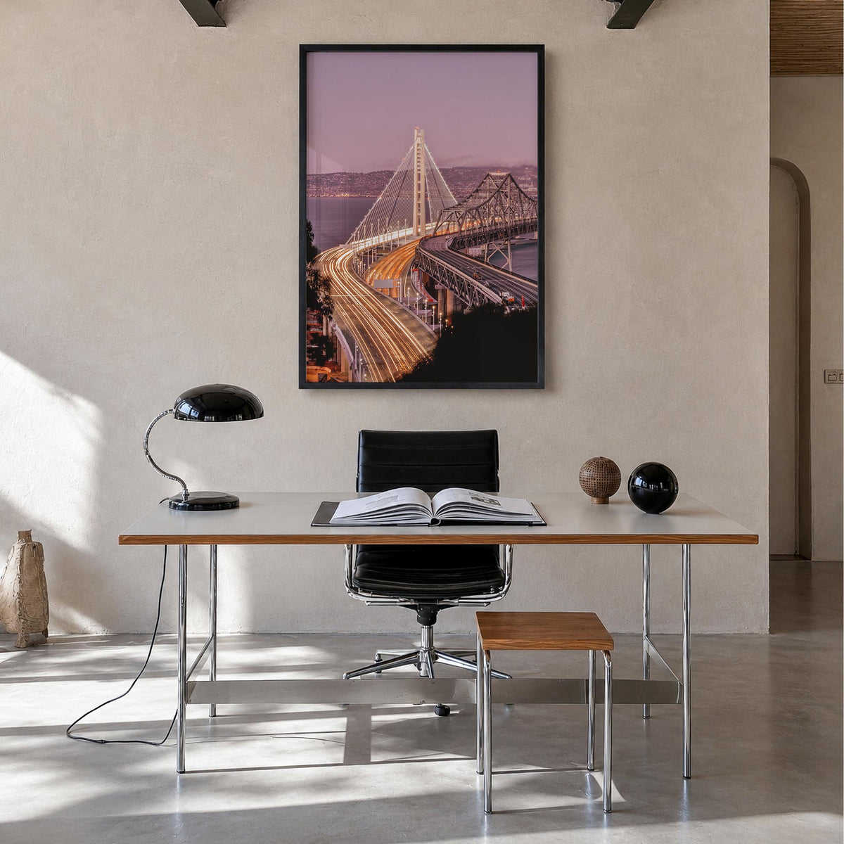 Oakland no. 2 colorful photo poster of California, USA – vertical wall art in black wood frame, hanging on wall