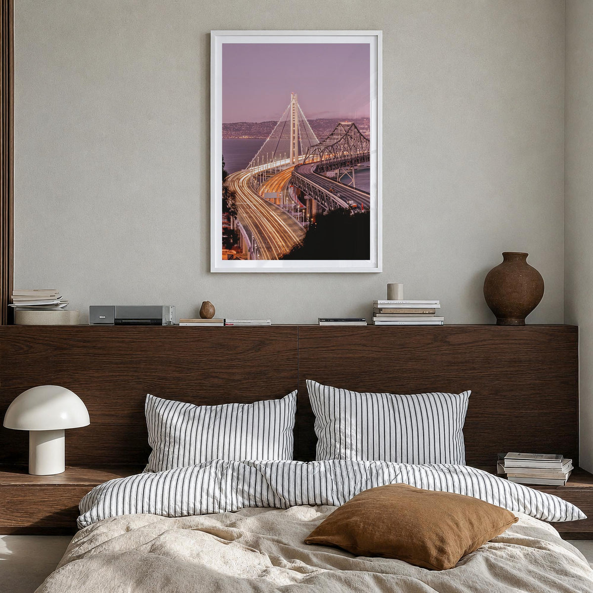 Oakland no. 2 colorful photo poster of California, USA – vertical wall art in white wood frame with white border, hanging on 