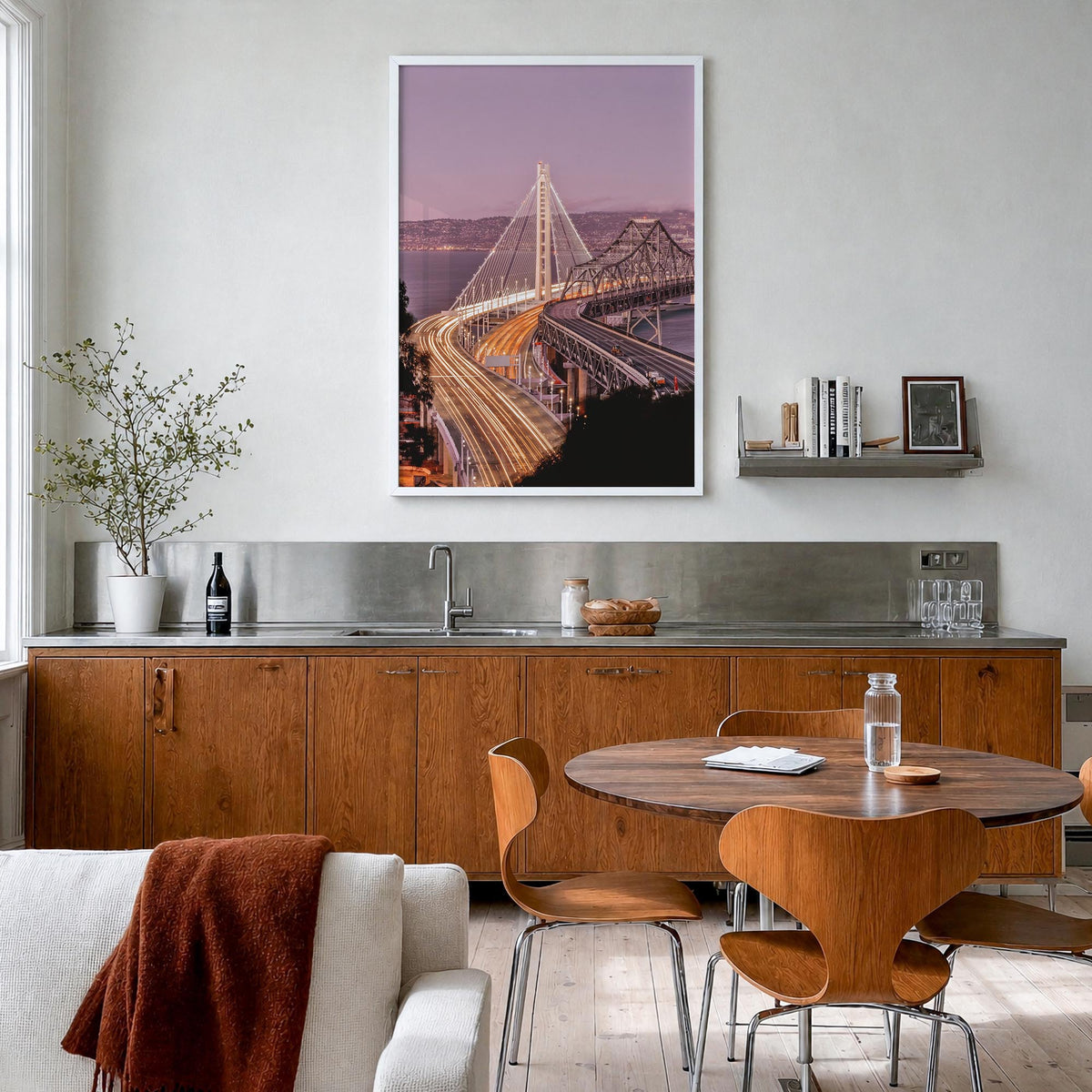 Oakland no. 2 colorful photo poster of California, USA – vertical wall art in white wood frame, hanging on wall