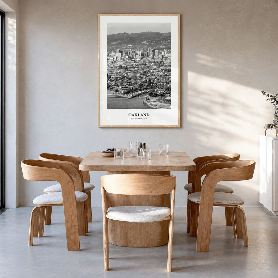 Oakland Classic No 2 Poster in a natural wood frame, hanging in a dining room
