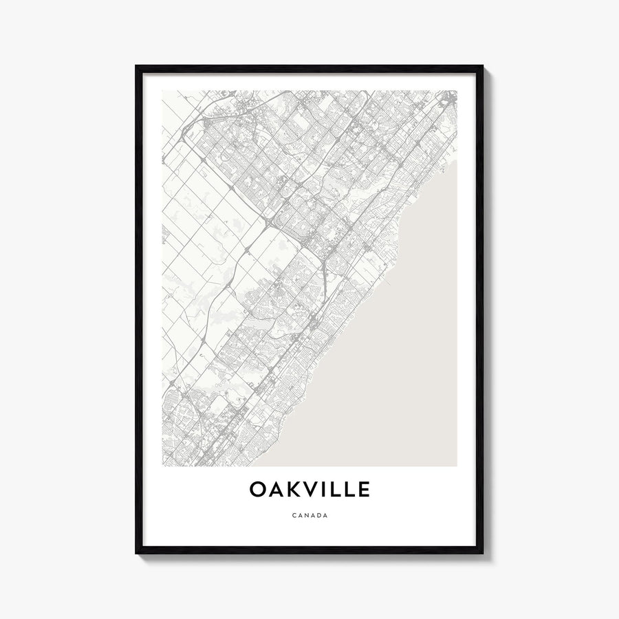 Oakville black & white map poster of Ontario, Canada – vertical wall art, unframed print shown in interior mockup