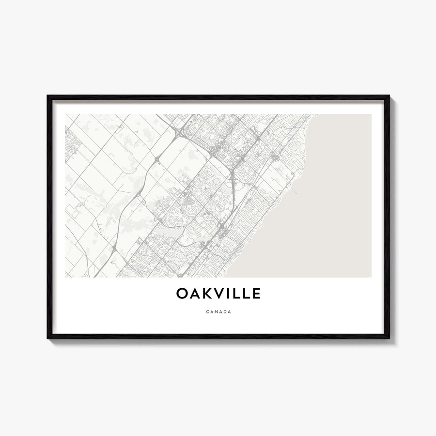 Oakville black & white map poster of Ontario, Canada – horizontal wall art, unframed print shown in interior mockup