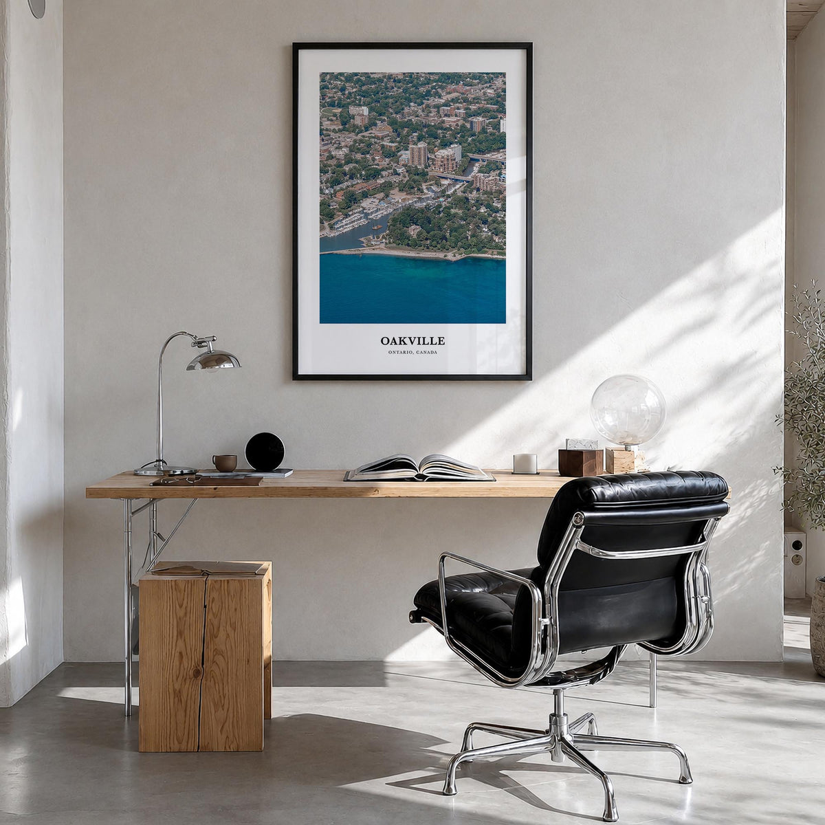 Oakville colorful classic poster of Ontario, Canada – vertical wall art in black wood frame, hanging on wall