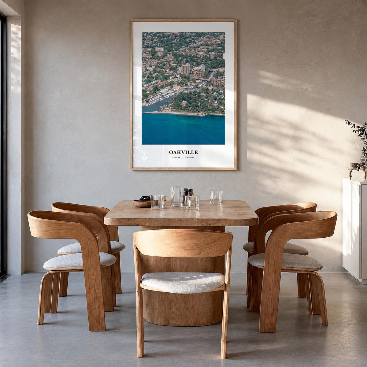 Oakville colorful classic poster of Ontario, Canada – vertical wall art in natural wood frame, hanging on wall
