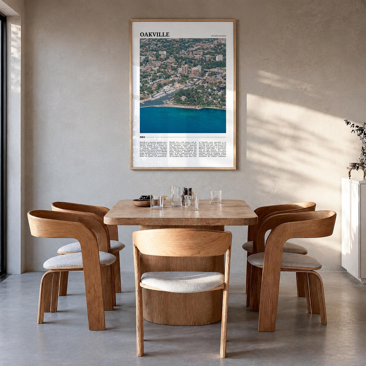 Oakville colorful travel poster of Ontario, Canada – vertical wall art in natural wood frame, hanging on wall