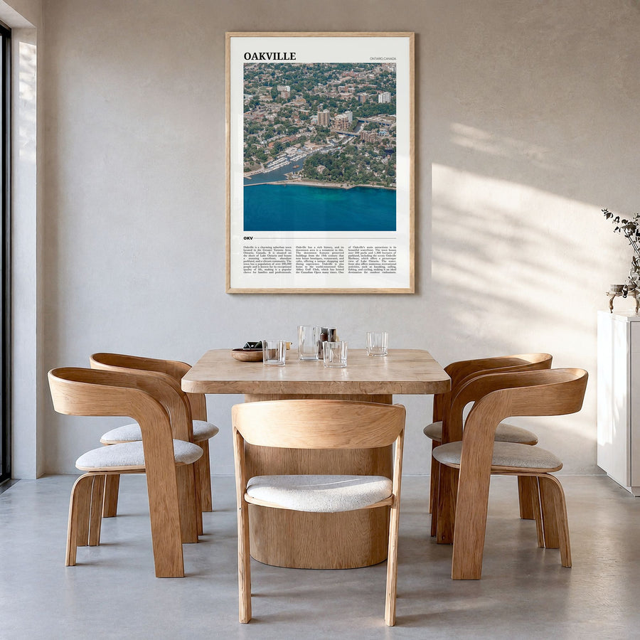 Oakville Travel Poster in a natural wood frame, hanging in a dining room