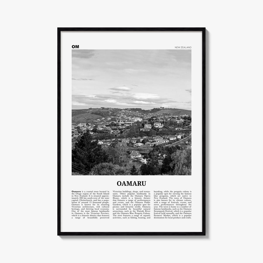 Oamaru black & white newspaper poster of New Zealand – vertical wall art, unframed print shown in interior mockup