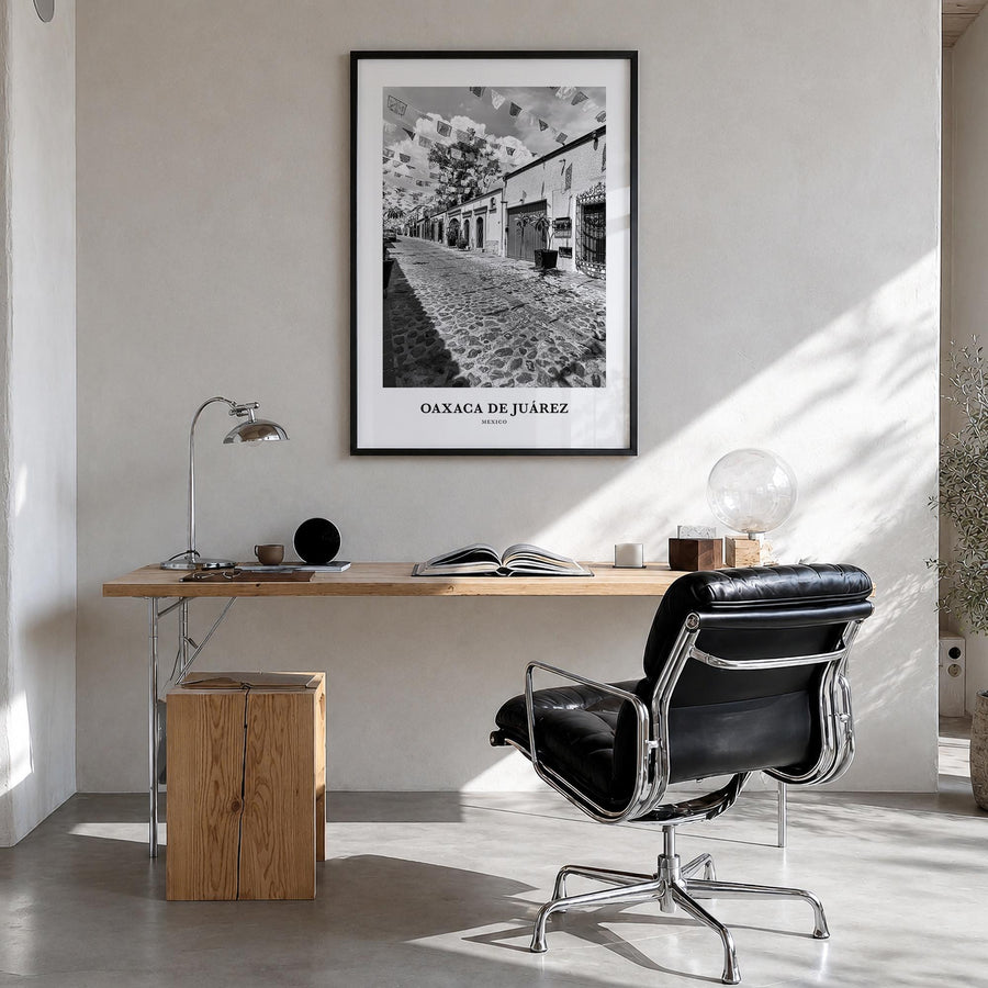 Oaxaca de Juárez black & white classic poster of Mexico – vertical wall art in black wood frame, hanging on wall