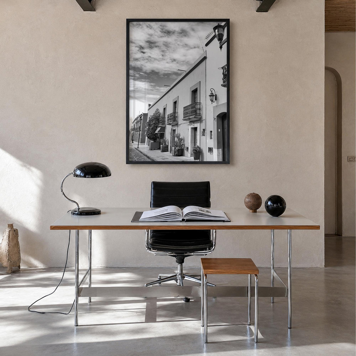 Oaxaca de Juárez black & white photo poster of Mexico – vertical wall art in black wood frame, hanging on wall