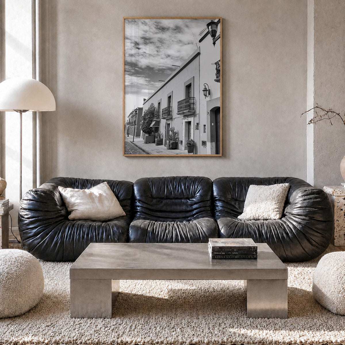 Oaxaca de Juárez black & white photo poster of Mexico – vertical wall art in natural wood frame, hanging on wall