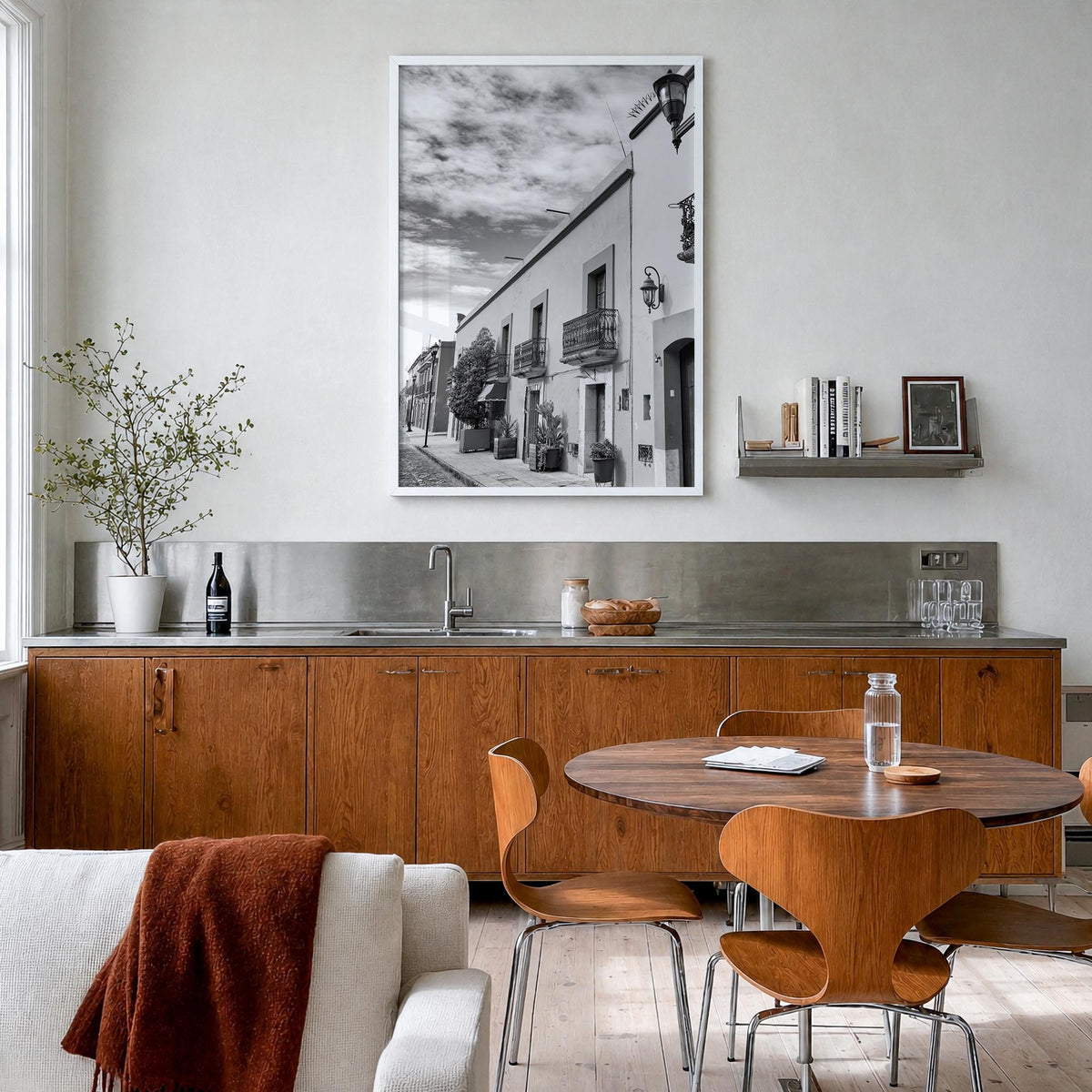 Oaxaca de Juárez black & white photo poster of Mexico – vertical wall art in white wood frame, hanging on wall