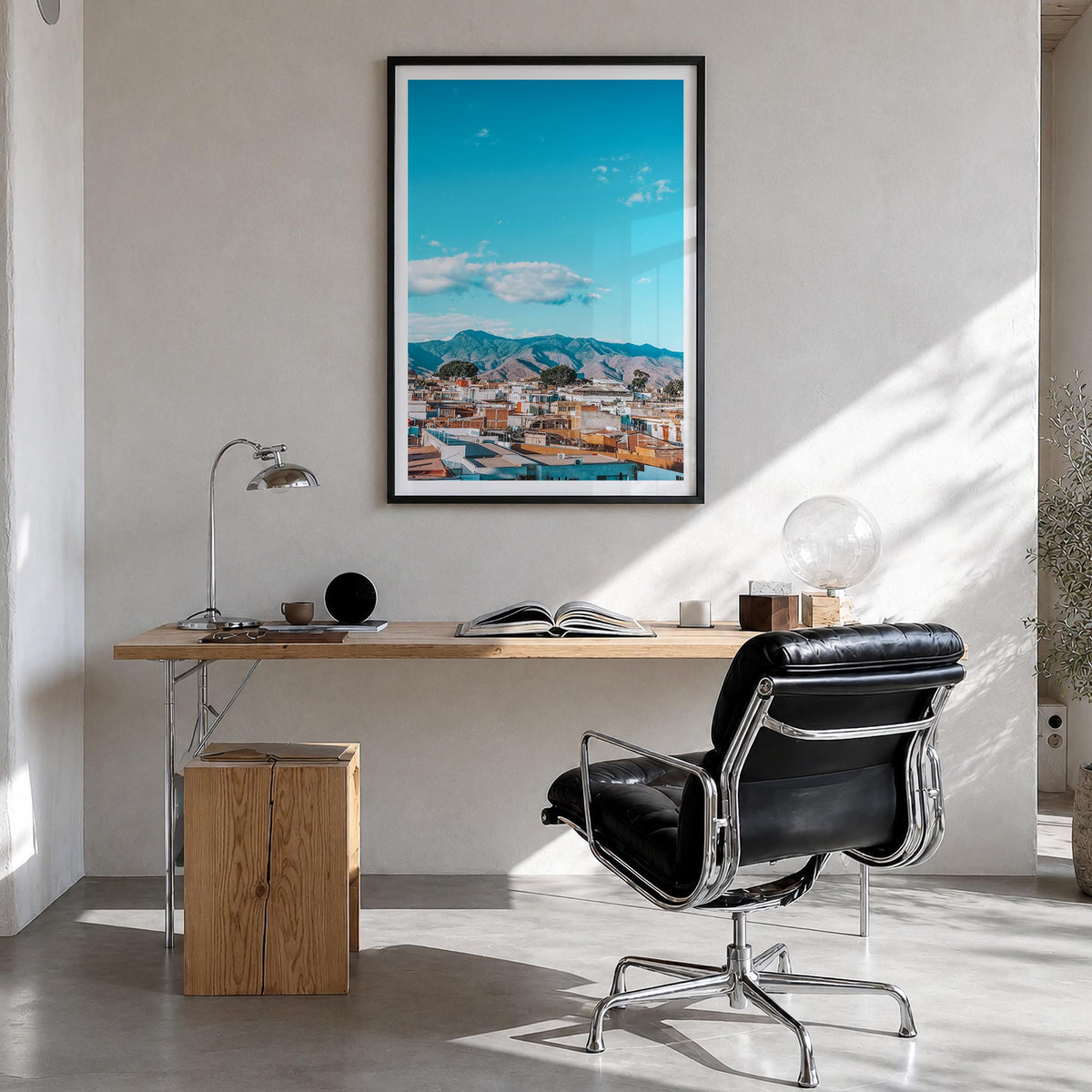 Oaxaca de Juárez colorful photo poster of Mexico – vertical wall art in black wood frame with white border, hanging on wall