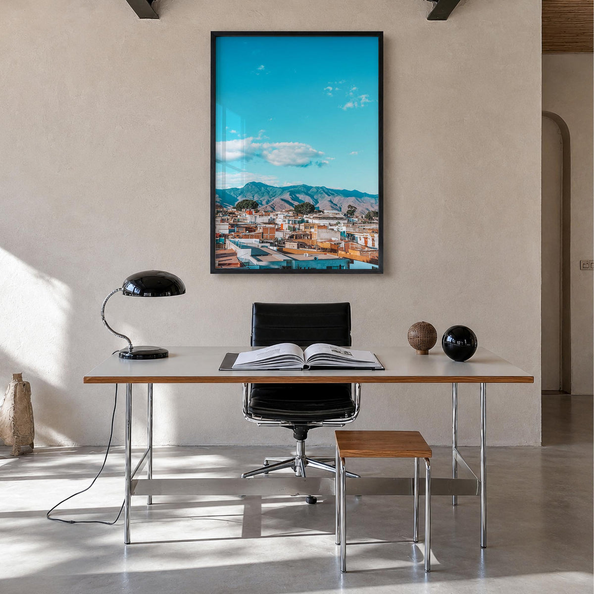 Oaxaca de Juárez colorful photo poster of Mexico – vertical wall art in black wood frame, hanging on wall