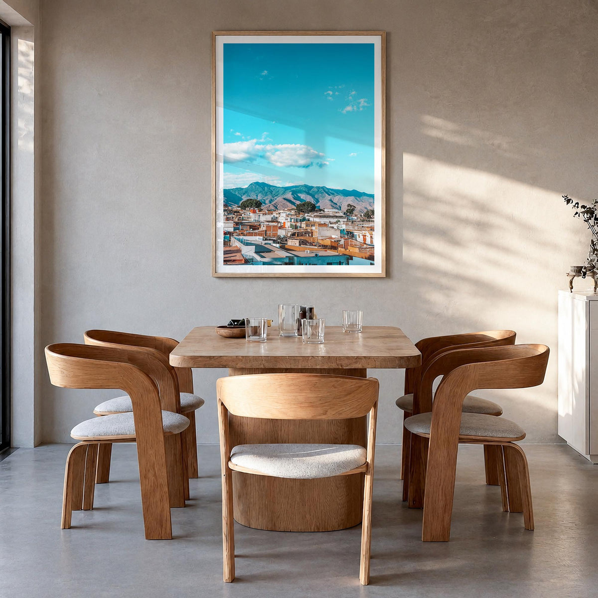 Oaxaca de Juárez colorful photo poster of Mexico – vertical wall art in natural wood frame with white border, hanging on wall