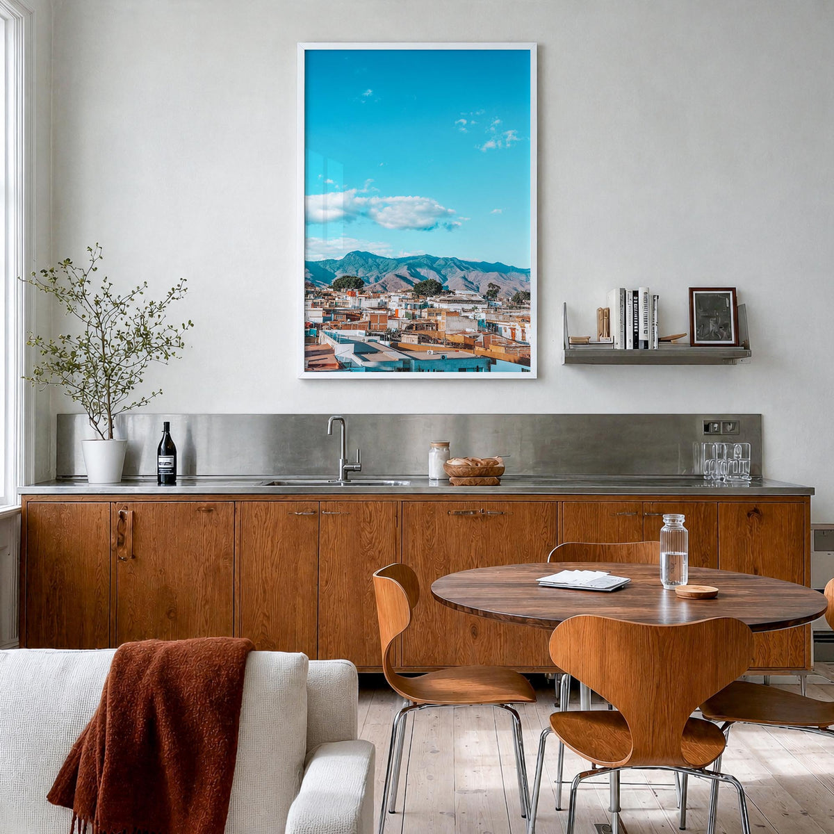 Oaxaca de Juárez colorful photo poster of Mexico – vertical wall art in white wood frame, hanging on wall