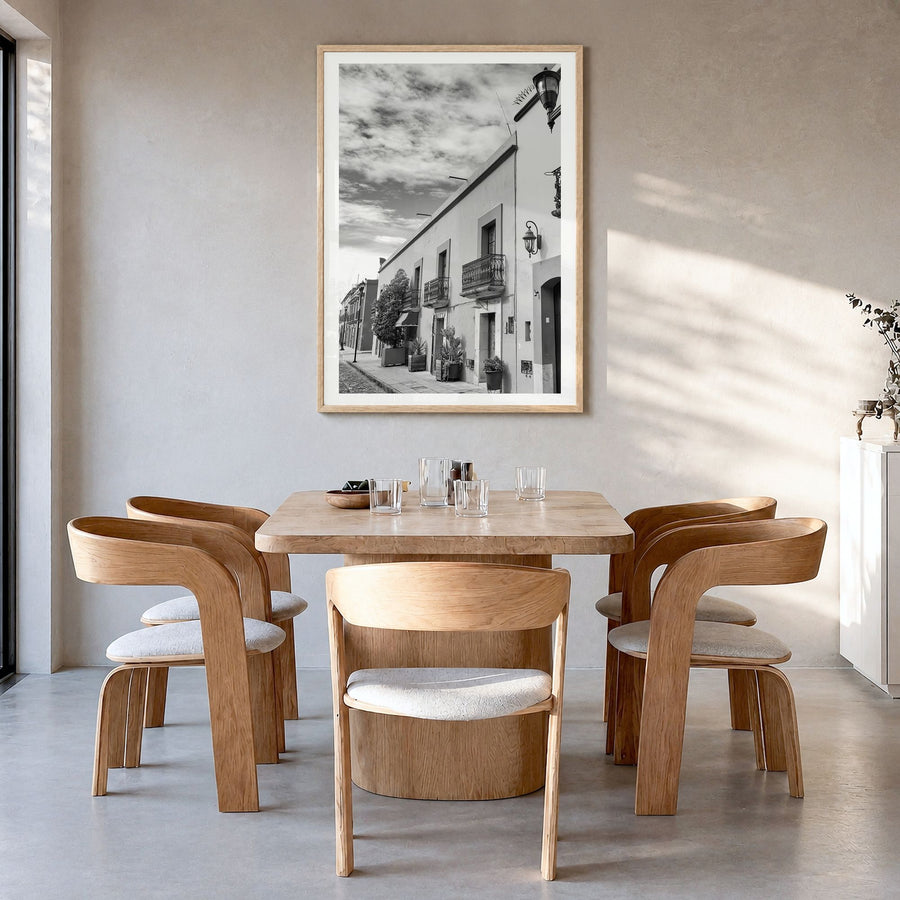 Oaxaca de Juárez Photo Poster in a natural wood frame, hanging in a dining room, white border