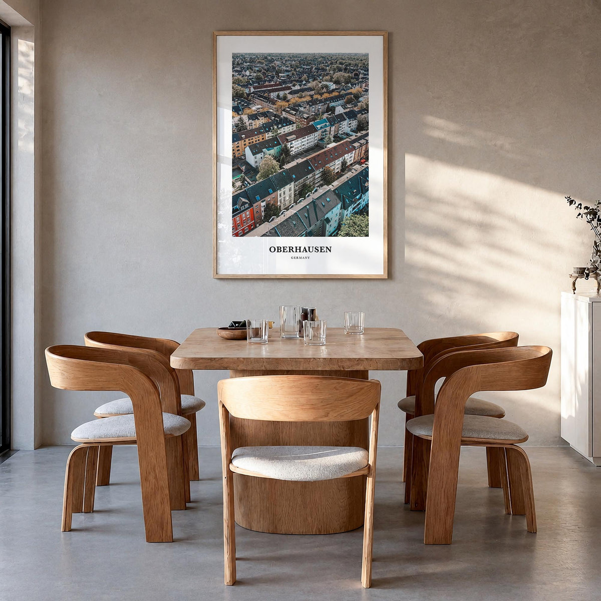 Oberhausen colorful classic poster of Germany – vertical wall art in natural wood frame, hanging on wall