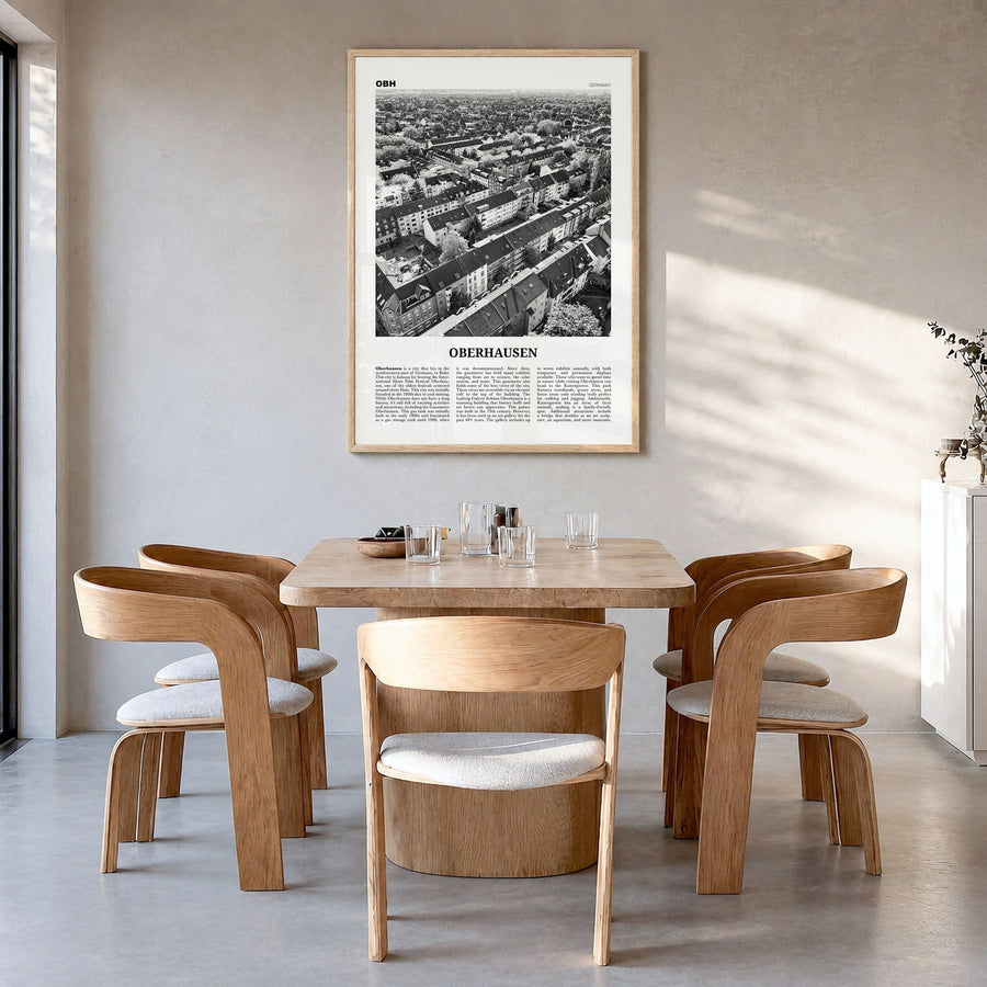 Oberhausen Newspaper Poster in a natural wood frame, hanging in a dining room