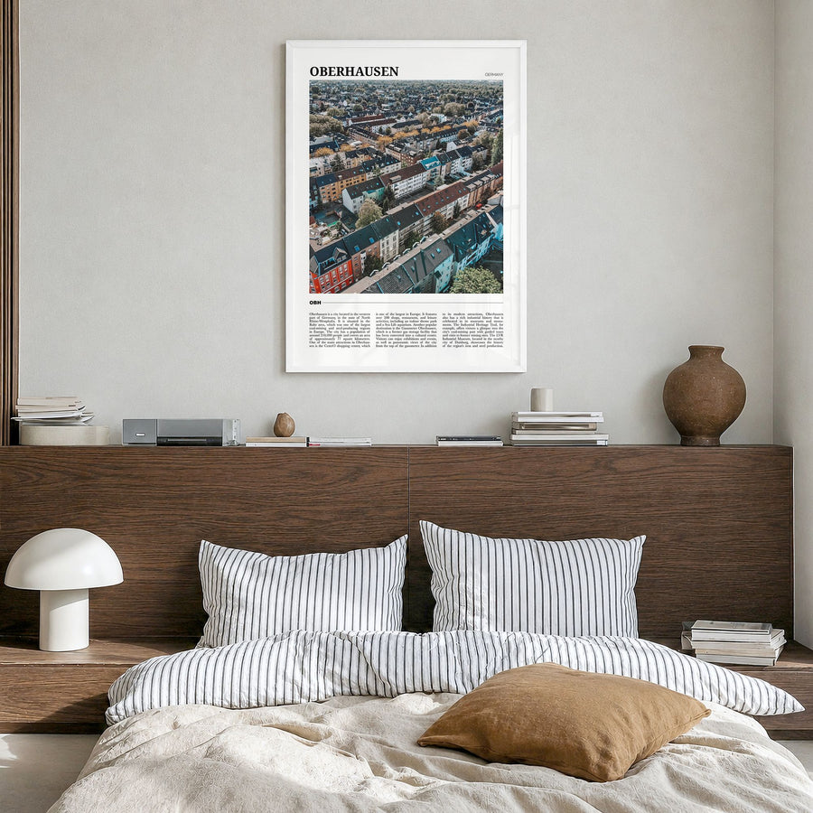 Oberhausen Travel Poster in a white wood frame, hanging in a bedroom