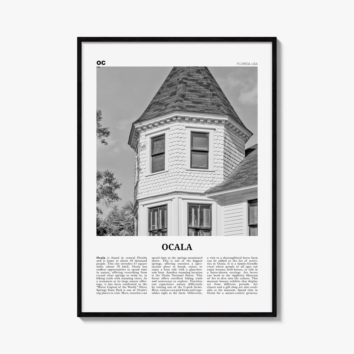 Ocala black & white newspaper poster of Florida, USA – vertical wall art, unframed print shown in interior mockup
