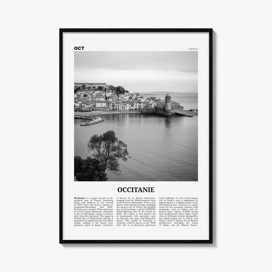 Occitanie black & white newspaper poster of France – vertical wall art, unframed print shown in interior mockup