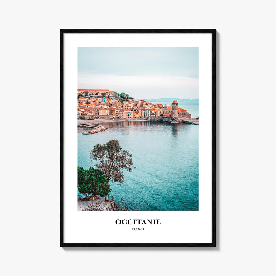 Occitanie colorful classic poster of France – vertical wall art, unframed print shown in interior mockup