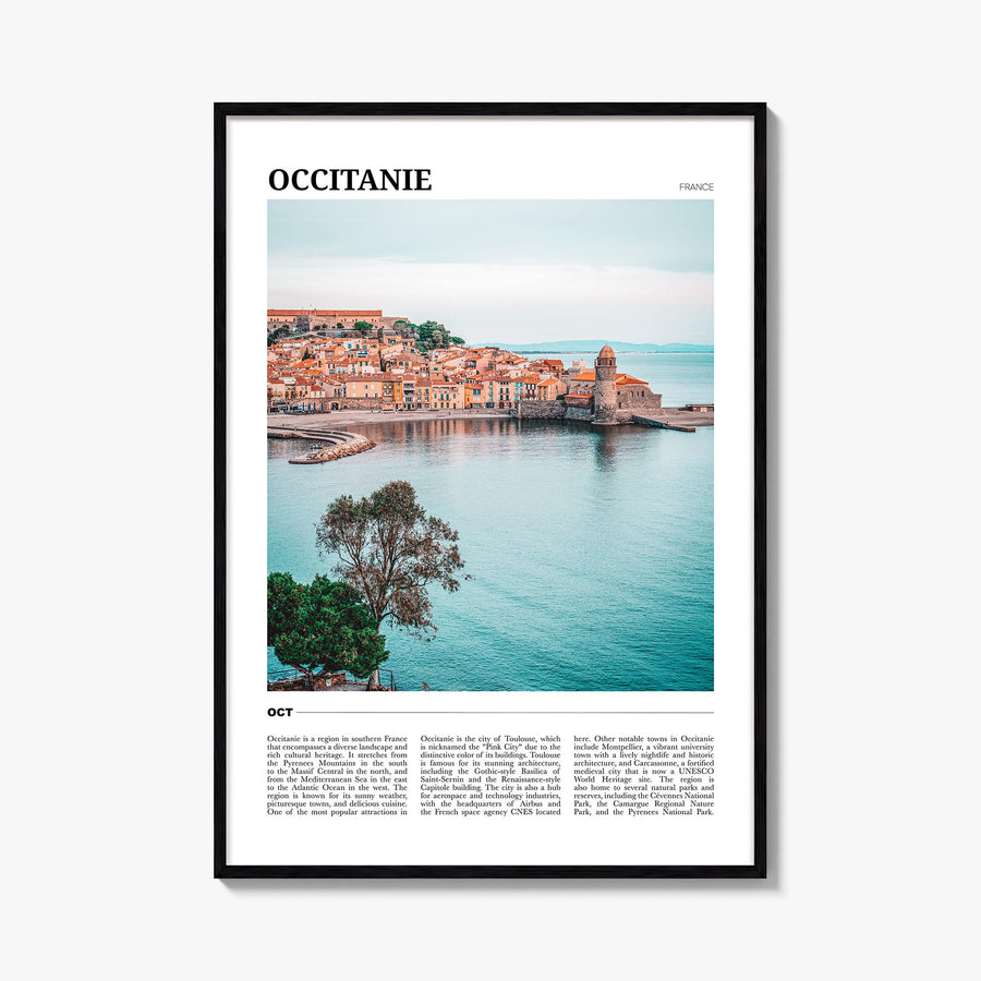 Occitanie colorful travel poster of France – vertical wall art, unframed print shown in interior mockup