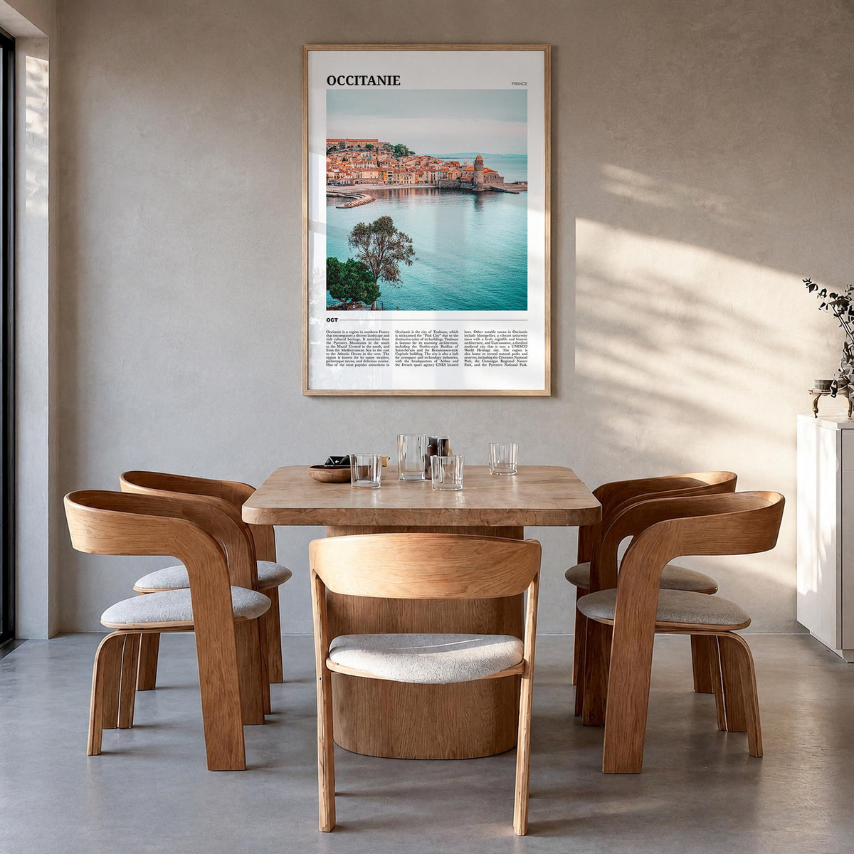 Occitanie colorful travel poster of France – vertical wall art in natural wood frame, hanging on wall