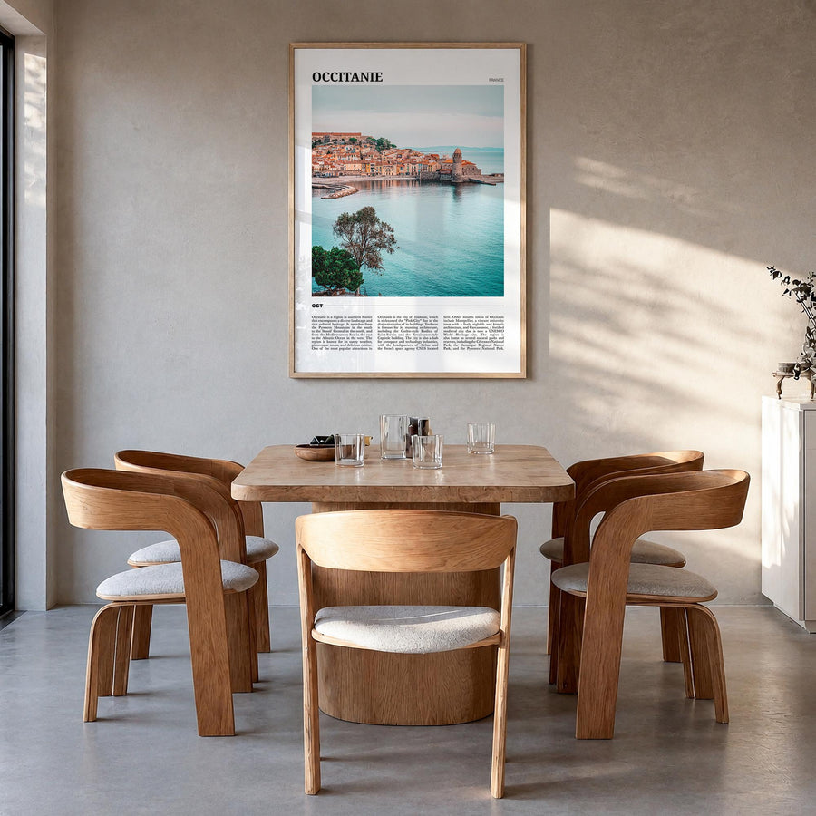 Occitanie colorful travel poster of France – vertical wall art in natural wood frame, hanging on wall