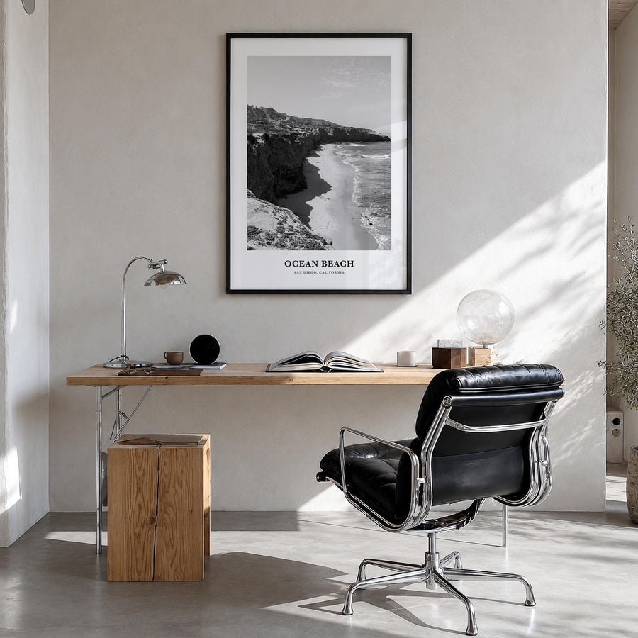 Ocean Beach black & white classic poster of San Diego, California – vertical wall art in black wood frame, hanging on wall