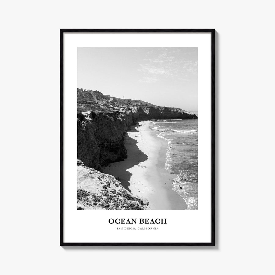 Ocean Beach black & white classic poster of San Diego, California – vertical wall art, unframed print shown in interior mocku