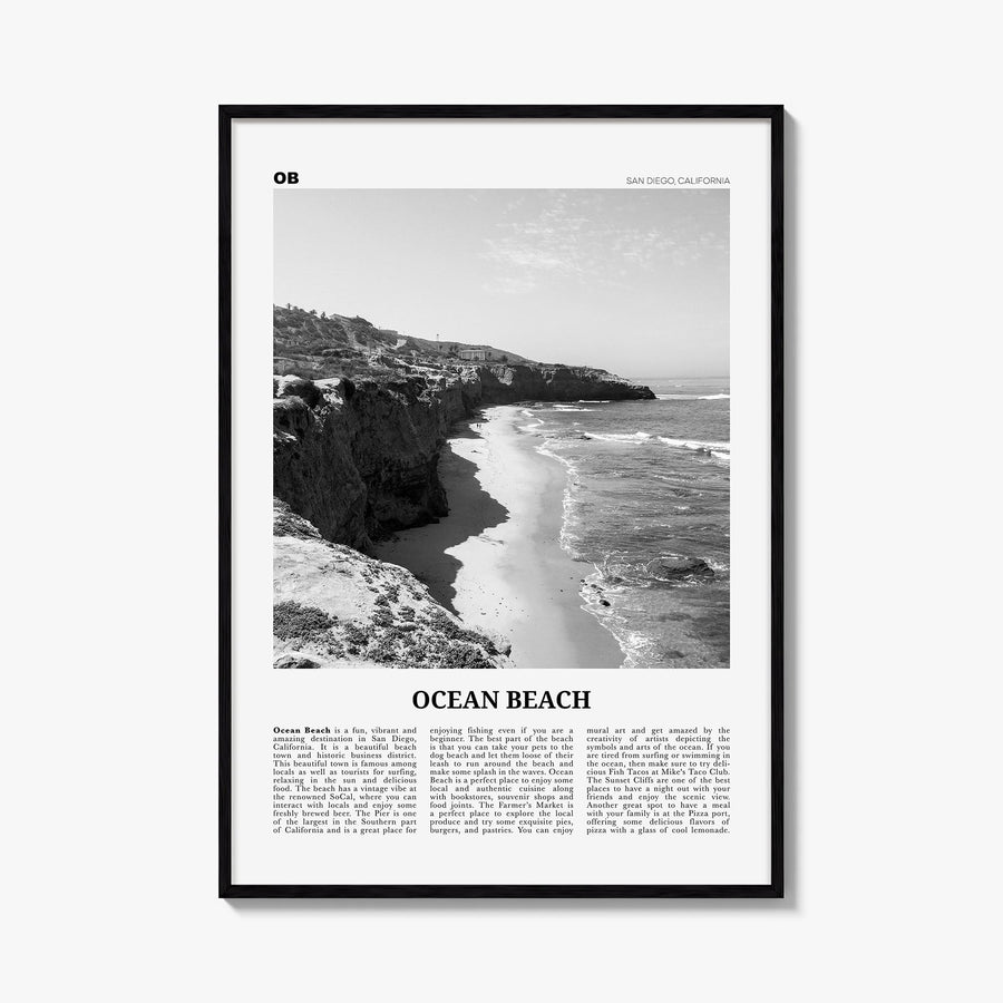 Ocean Beach black & white newspaper poster of San Diego, California – vertical wall art, unframed print shown in interior moc