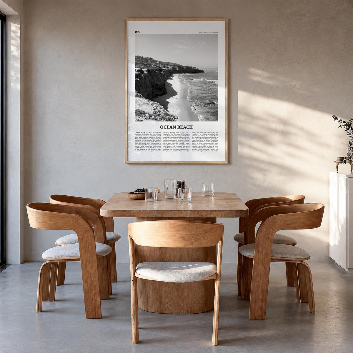 Ocean Beach black & white newspaper poster of San Diego, California – vertical wall art in natural wood frame, hanging on wal
